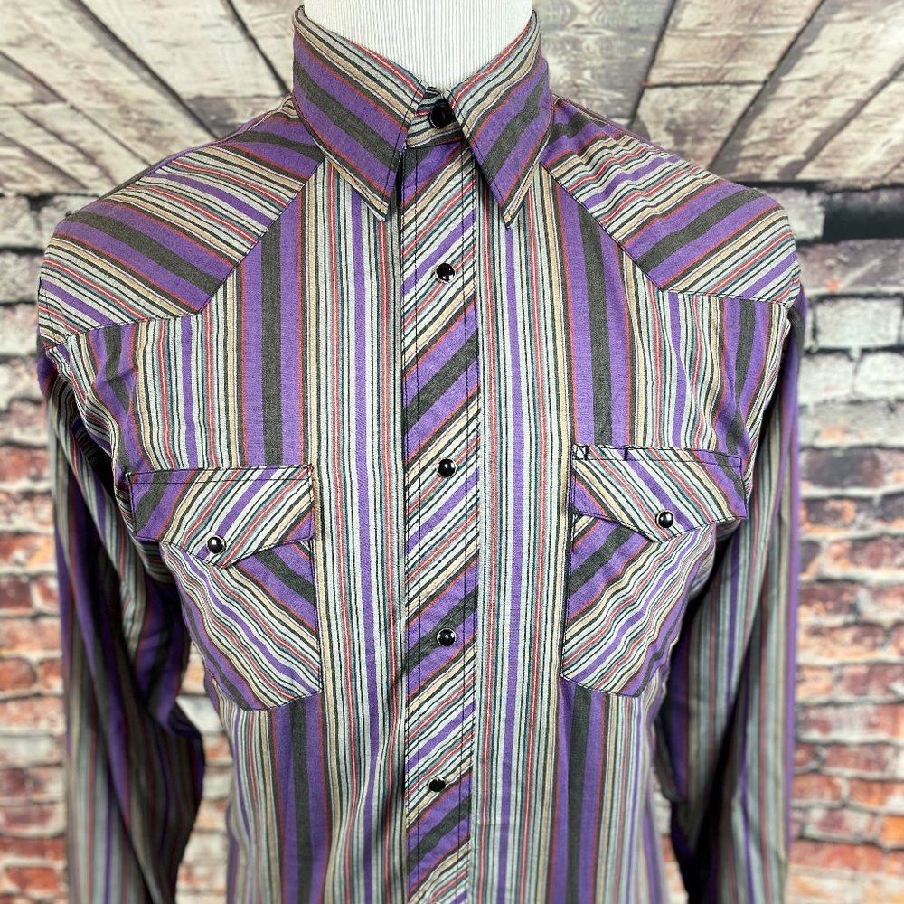 Rustler Wrangler Purple Striped Pearl Snap Shirt L